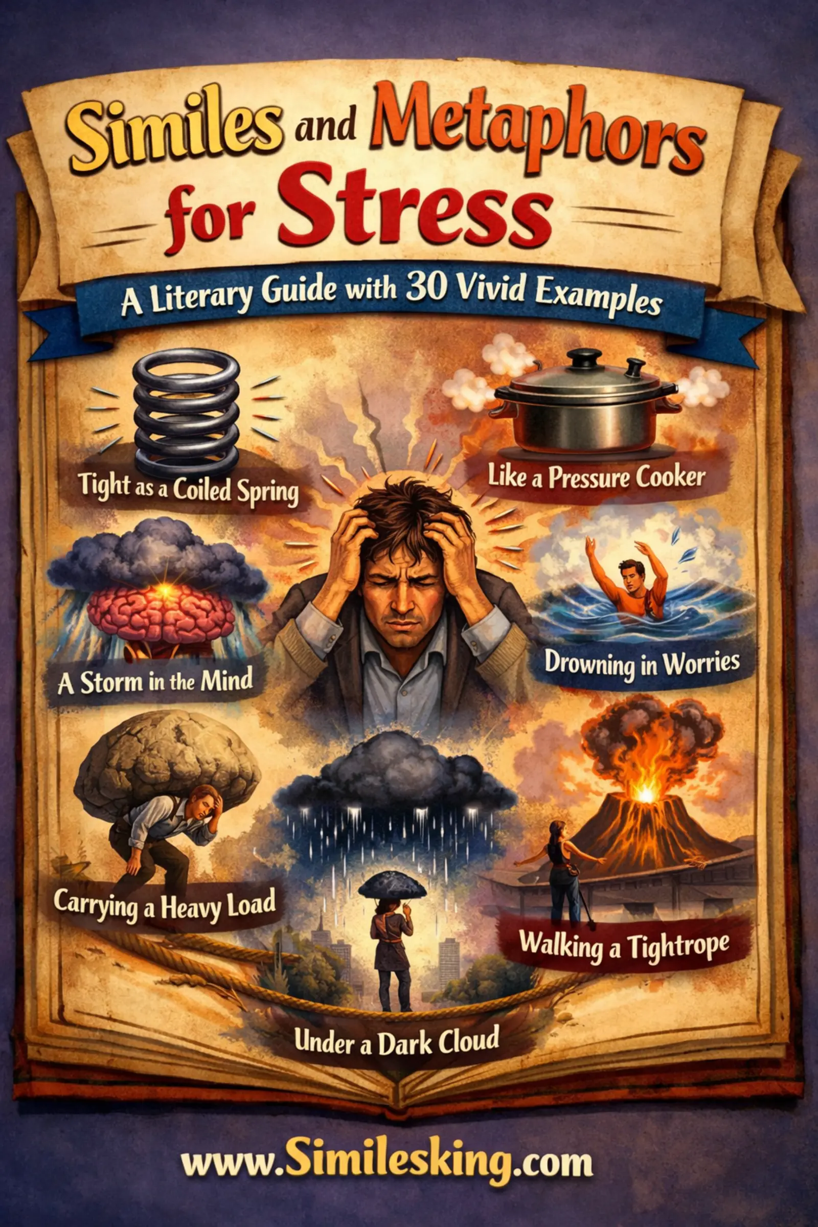 Similes and Metaphors for Stress: A Literary Guide with 30 Vivid Examples Introduction Similes are among the most powerful tools in a writer’s craft because they turn invisible emotions into images we can see, feel, and understand. Stress, in particular, is a complex inner experience. It tightens the chest, clutters the mind, and weighs on the body, yet it often resists plain description. This is where similes step in. By comparing stress to familiar sights, sensations, or moments, writers transform an abstract pressure into something immediate and relatable. In everyday life, people often describe stress instinctively through comparison: “It feels like carrying a mountain on my back” or “My thoughts are buzzing like trapped flies.” These aren’t just casual phrases; they are instinctive similes that help others grasp the depth of the feeling. In fiction, poetry, journaling, and even professional writing, similes for stress add emotional clarity and credibility. They allow readers not just to understand stress, but to feel it. This guide brings together creative, practical, and literary similes for stress, showing how and when to use them effectively in prose and poetry. Table of Contents: Similes for Stress (Quick Reference Table) No. Simile for Stress Short Description 1 As stressful as a ticking time bomb Constant pressure and looming urgency. 2 As stressful as a knot pulled tighter Increasing mental tension. 3 As stressful as a storm without rain Built-up emotion with no release. 4 As stressful as carrying a mountain Heavy emotional burden. 5 As stressful as a buzzing beehive Restless, noisy thoughts. 6 As stressful as glass about to shatter Fragile mental state. 7 As stressful as a tangled wire Confusion and overload. 8 As stressful as drowning in shallow water Overwhelming despite seeming manageable. 9 As stressful as a clenched jaw Suppressed tension. 10 As stressful as standing on thin ice Constant fear of collapse. 11 As stressful as a clock screaming Time pressure and anxiety. 12 As stressful as a trapped animal Panic and helplessness. 13 As stressful as a room with no windows Emotional suffocation. 14 As stressful as holding your breath too long Anticipation and strain. 15 As stressful as a tightening vice Relentless pressure. 16 As stressful as a crowded crossroads Too many demands at once. 17 As stressful as carrying fragile glass Fear of making mistakes. 18 As stressful as sand slipping through fingers Loss of control. 19 As stressful as a drum beating nonstop Persistent mental noise. 20 As stressful as balancing on a wire Precarious emotional balance. 21 As stressful as a coiled spring Readiness to snap. 22 As stressful as fog that won’t lift Mental fatigue and confusion. 23 As stressful as waves crashing nonstop Emotional overwhelm. 24 As stressful as a phone that never stops ringing Constant interruptions. 25 As stressful as fire under the skin Internal agitation. 26 As stressful as running in place Exhaustion without progress. 27 As stressful as a locked door closing in Claustrophobic anxiety. 28 As stressful as carrying unfinished sentences Lingering worries. 29 As stressful as a needle stuck on repeat Repetitive anxious thoughts. 30 As stressful as weathered rope fraying Slow emotional wear and tear. 30 Creative Similes for Stress with Meanings, Examples, and Tips 1. As stressful as a ticking time bomb Meaning: Stress that builds steadily with an inevitable sense of urgency. Example in Prose Formal: The deadline loomed, as stressful as a ticking time bomb beneath the meeting room table. Casual: Every unread email felt like a ticking time bomb in my pocket. Example in Poetry Minutes click like teeth of fate, Each second louder than the last, My chest counts down the sound. Tip/Use: Ideal for deadlines, suspenseful scenes, or time-based pressure. 2. As stressful as a knot pulled tighter Meaning: Growing tension that becomes harder to escape. Example in Prose Formal: With every demand, her thoughts grew as stressful as a knot pulled tighter. Casual: The more I thought about it, the tighter that knot in my head got. Example in Poetry Thoughts twist upon themselves, A rope of worry in my mind, Pulled by unseen hands. Tip/Use: Works well for internal monologues and emotional buildup. 3. As stressful as a storm without rain Meaning: Emotional pressure without release or relief. Example in Prose Formal: His silence was as stressful as a storm without rain. Casual: I feel all wound up, like a storm that never breaks. Example in Poetry Dark clouds crowd my skull, Thunder waits but never falls, The air refuses peace. Tip/Use: Effective when describing suppressed emotions. 4. As stressful as carrying a mountain Meaning: An overwhelming emotional or mental burden. Example in Prose Formal: Responsibility sat on her shoulders, as stressful as carrying a mountain. Casual: I’m carrying a mountain of stress right now. Example in Poetry My spine bends under stone, Each step echoes with weight, Gravity knows my name. Tip/Use: Best for long-term responsibilities or emotional labor. 5. As stressful as a buzzing beehive Meaning: A restless, noisy mind filled with thoughts. Example in Prose Formal: His mind was as stressful as a buzzing beehive. Casual: My head’s buzzing like a beehive today. Example in Poetry Thoughts swarm without mercy, Tiny wings against my skull, Honey nowhere in sight. Tip/Use: Great for anxiety-driven mental clutter. 6. As stressful as glass about to shatter Meaning: Extreme fragility and emotional tension. Example in Prose Formal: She felt as stressful as glass about to shatter under pressure. Casual: One more thing and I’ll crack. Example in Poetry Edges thin with every breath, A tremor runs through me, Silence waits for the break. Tip/Use: Effective for portraying emotional vulnerability. 7. As stressful as a tangled wire Meaning: Confusion and mental overload. Example in Prose Formal: His plans were as stressful as a tangled wire. Casual: My thoughts are all tangled up. Example in Poetry Ideas loop and snare, No clear end or beginning, Just knots of maybe. Tip/Use: Useful for problem-solving scenes. 8. As stressful as drowning in shallow water Meaning: Overwhelm from seemingly manageable situations. Example in Prose Formal: The workload felt as stressful as drowning in shallow water. Casual: I know it’s small, but it’s drowning me. Example in Poetry Water barely to my knees, Yet my lungs burn for air, Depth lies to the mind. Tip/Use: Ideal for relatable, modern stress. 9. As stressful as a clenched jaw Meaning: Suppressed tension and unspoken stress. Example in Prose Formal: The room was quiet, as stressful as a clenched jaw. Casual: I didn’t say anything, but my jaw hurt. Example in Poetry Words grind behind teeth, Silence chews on my calm, Pain speaks without sound. Tip/Use: Excellent for subtle emotional scenes. 10. As stressful as standing on thin ice Meaning: Fear of sudden collapse or failure. Example in Prose Formal: Every decision felt as stressful as standing on thin ice. Casual: One wrong move and I’m done. Example in Poetry Ice hums beneath my feet, Each step a whispered risk, Cracks learn my weight. Tip/Use: Great for high-stakes tension. 11. As stressful as a clock screaming Meaning: Time pressure amplified to anxiety. Example in Prose Formal: The ticking grew as stressful as a clock screaming. Casual: The clock is yelling at me today. Example in Poetry Seconds shout my name, Hands stab the wall of time, No moment forgives. Tip/Use: Perfect for deadline-driven narratives. 12. As stressful as a trapped animal Meaning: Panic mixed with helplessness. Example in Prose Formal: He felt as stressful as a trapped animal. Casual: I feel cornered. Example in Poetry Walls move closer still, Instinct claws at reason, Fear bares its teeth. Tip/Use: Effective for intense emotional peaks. 13. As stressful as a room with no windows Meaning: Emotional suffocation and hopelessness. Example in Prose Formal: Her thoughts felt as stressful as a room with no windows. Casual: I can’t breathe mentally. Example in Poetry Air stands thick and stale, Light forgets my existence, Walls listen, not me. Tip/Use: Strong imagery for depressive stress. 14. As stressful as holding your breath too long Meaning: Anticipation and physical strain. Example in Prose Formal: Waiting was as stressful as holding your breath too long. Casual: I’m just waiting to exhale. Example in Poetry Lungs beg for release, Seconds stretch like thin wire, Relief tastes like air. Tip/Use: Ideal for suspenseful pauses. 15. As stressful as a tightening vice Meaning: Relentless, crushing pressure. Example in Prose Formal: Expectations closed in, as stressful as a tightening vice. Casual: The pressure keeps squeezing. Example in Poetry Metal inches inward, No room left for excuses, Only force remains. Tip/Use: Use for power dynamics or pressure. 16. As stressful as a crowded crossroads Meaning: Too many choices or demands at once. Example in Prose Formal: Life felt as stressful as a crowded crossroads. Casual: Too many things at once. Example in Poetry Paths shout different names, Feet freeze between futures, Noise becomes choice. Tip/Use: Excellent for transitional life moments. 17. As stressful as carrying fragile glass Meaning: Fear of mistakes and responsibility. Example in Prose Formal: Leadership felt as stressful as carrying fragile glass. Casual: One slip and it’s ruined. Example in Poetry Hands tremble with care, Every step a whispered plea, Please don’t let me fall. Tip/Use: Works well for perfectionism. 18. As stressful as sand slipping through fingers Meaning: Loss of control over time or outcomes. Example in Prose Formal: Control faded, as stressful as sand slipping through fingers. Casual: Everything’s slipping away. Example in Poetry Grains ignore my grip, Moments flee my closed hands, Time smiles and runs. Tip/Use: Ideal for existential stress. 19. As stressful as a drum beating nonstop Meaning: Persistent mental noise. Example in Prose Formal: Anxiety pulsed, as stressful as a drum beating nonstop. Casual: My head won’t shut up. Example in Poetry Rhythm pounds my chest, No silence between the beats, Only noise remains. Tip/Use: Great for intrusive thoughts. 20. As stressful as balancing on a wire Meaning: Precarious emotional balance. Example in Prose Formal: She lived as stressful as balancing on a wire. Casual: I’m barely keeping it together. Example in Poetry One foot trusts the air, The other doubts the sky, Below waits gravity. Tip/Use: Effective for emotional instability. 21. As stressful as a coiled spring Meaning: Tension ready to snap. Example in Prose Formal: The office felt as stressful as a coiled spring. Casual: Everyone’s about to snap. Example in Poetry Energy sleeps curled tight, One touch away from release, Silence holds its breath. Tip/Use: Use before conflict or climax. 22. As stressful as fog that won’t lift Meaning: Mental fatigue and confusion. Example in Prose Formal: Burnout felt as stressful as fog that won’t lift. Casual: My brain’s just foggy. Example in Poetry Thoughts blur into grey, Morning forgets the sun, Clarity stays lost. Tip/Use: Best for burnout narratives. 23. As stressful as waves crashing nonstop Meaning: Repeated emotional overwhelm. Example in Prose Formal: Problems came as stressful as waves crashing nonstop. Casual: It just keeps hitting me. Example in Poetry No shore left to stand, Water teaches me fatigue, Rest hides offshore. Tip/Use: Excellent for ongoing stress. 24. As stressful as a phone that never stops ringing Meaning: Constant demands and interruptions. Example in Prose Formal: Work was as stressful as a phone that never stops ringing. Casual: Notifications won’t quit. Example in Poetry Vibration haunts my calm, Every sound asks for me, Silence is a myth. Tip/Use: Perfect for modern stress themes. 25. As stressful as fire under the skin Meaning: Internal agitation and restlessness. Example in Prose Formal: Anger burned, as stressful as fire under the skin. Casual: I feel on edge inside. Example in Poetry Heat hums in my veins, No flame shows on the surface, Yet I scorch within. Tip/Use: Strong for emotional intensity. 26. As stressful as running in place Meaning: Exhaustion without progress. Example in Prose Formal: His efforts felt as stressful as running in place. Casual: I’m tired but stuck. Example in Poetry Sweat falls without miles, Motion lies about escape, Stillness wears me down. Tip/Use: Ideal for stagnation themes. 27. As stressful as a locked door closing in Meaning: Claustrophobic anxiety. Example in Prose Formal: Panic rose, as stressful as a locked door closing in. Casual: I feel trapped. Example in Poetry Click echoes too loud, Space shrinks with every thought, Keys forget my hands. Tip/Use: Effective for panic scenes. 28. As stressful as carrying unfinished sentences Meaning: Lingering worries and unresolved thoughts. Example in Prose Formal: His mind felt as stressful as carrying unfinished sentences. Casual: I can’t finish a thought. Example in Poetry Ellipses in my head, Words pause and never land, Silence interrupts. Tip/Use: Great for introspective writing. 29. As stressful as a needle stuck on repeat Meaning: Repetitive anxious thoughts. Example in Prose Formal: Worry looped, as stressful as a needle stuck on repeat. Casual: Same thought, again. Example in Poetry Music breaks and stutters, One line scars the silence, Mind refuses change. Tip/Use: Ideal for rumination. 30. As stressful as weathered rope fraying Meaning: Slow emotional wear and tear. Example in Prose Formal: Years of pressure felt as stressful as weathered rope fraying. Casual: I’m worn down. Example in Poetry Fibers give up quietly, Strength fades strand by strand, Time tugs without mercy. Tip/Use: Perfect for long-term stress arcs. Conclusion Similes for stress give writers a powerful way to translate internal pressure into shared understanding. Instead of simply stating that a character feels stressed or anxious, these comparisons invite readers into the experience, making tension visible, audible, and even physical. Whether you are writing poetry, fiction, journaling, or reflective essays, creative similes for stress help your words feel authentic and emotionally grounded. As many literature teachers emphasize, strong imagery builds trust between writer and reader because it shows rather than tells. Experiment with these examples of similes for stress, adapt them to your voice, and create your own comparisons drawn from daily life. See also Similes for Anxiety. Similes for Worry. Metaphors for Pressure in Writing. Creative Writing Techniques for Emotional Expression. Frequently Asked Questions What are similes for stress? Similes for stress are comparisons using “like” or “as” that help describe mental or emotional pressure through vivid imagery. How do similes improve writing about stress? They make abstract feelings concrete, helping readers feel the tension rather than just understand it. Can similes for stress be used in professional writing? Yes, when used carefully, they add clarity and engagement even in essays, articles, and speeches. What is the difference between similes and metaphors for stress? Similes use “like” or “as,” while metaphors describe stress directly as another thing without comparison words. How can I create my own similes for stress? Observe physical sensations, daily frustrations, and natural phenomena, then compare them thoughtfully to emotional pressure.
