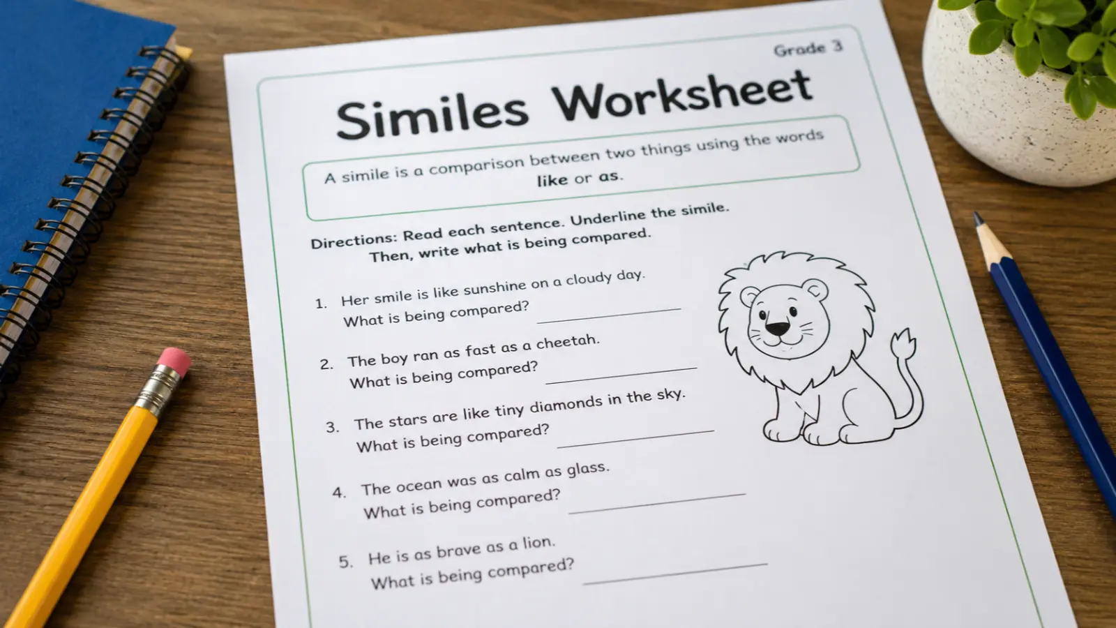 Similes Worksheet for Grade Three