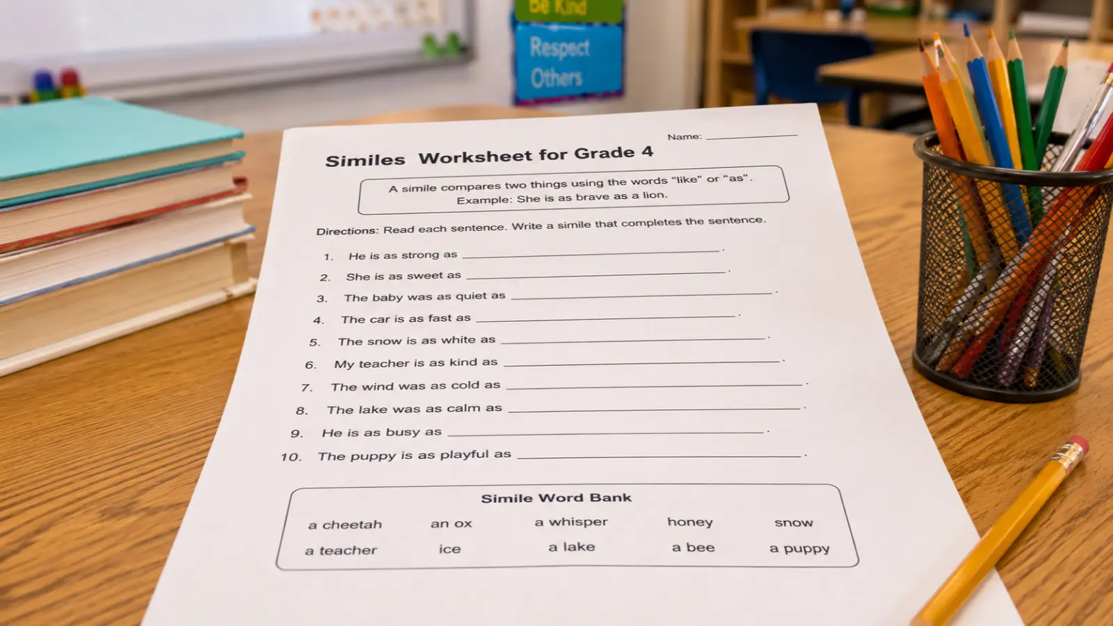 Similes Worksheet for Grade 4