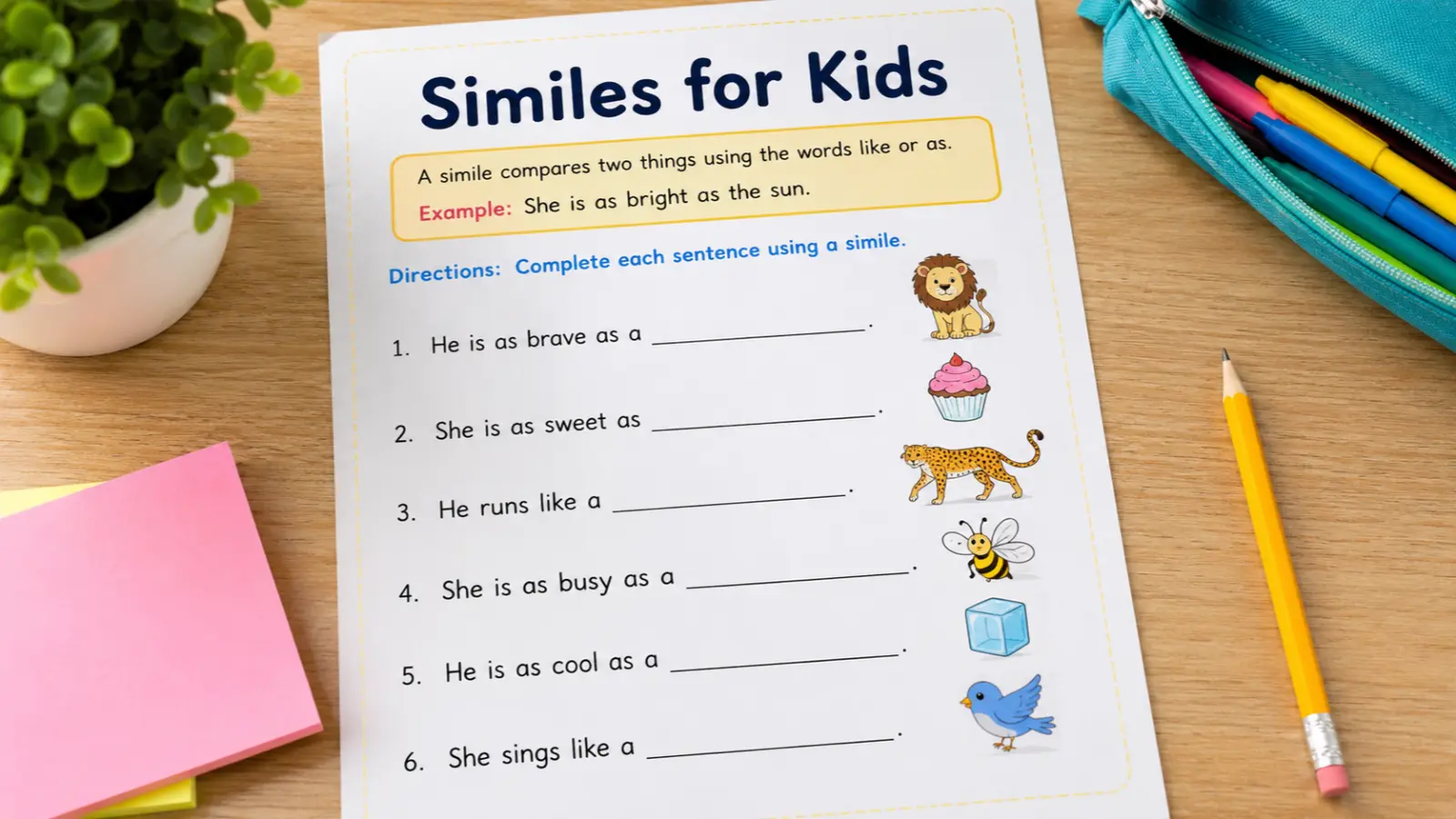 Similes for Kids Worksheet